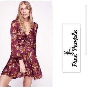 Free People Purple Floral Polka Dot Silk Aline Ruched Bust Adjustable Tie  Dress